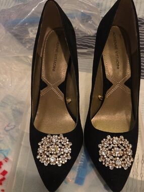 Adrienne Vittadini Black Pointed Toe Heels with Crystal Brooches